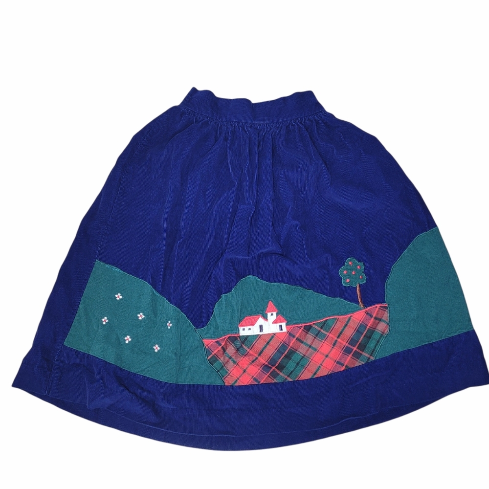 Vintage blue corduroy skirt with house and tree